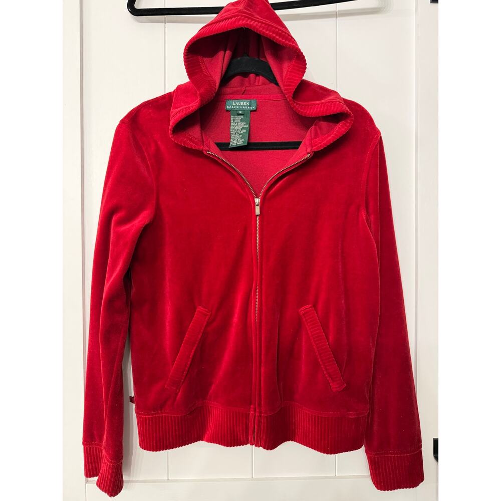 Lauren Ralph Lauren women's red velour full-zip hoodie jacket s Small